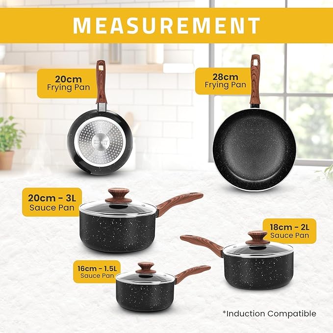 KICHLY Granite Pots and Pans Set Non Stick 8 Piece Cookware Set, Induction Frying Pans, Saucepan with Lids, Induction Compatible Cookware, PFOA-Free Non-Stick Cooking Set, Black