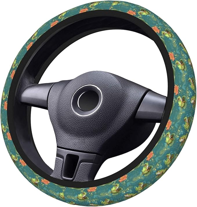 Frog On Lotus Leaf Steering Wheel Cover for Women Men Girls, Car Accessories Decor Thickened Anti-Slip Auto Steering Wheel Covers Protector Universal Fit 15 Inch for Cars, Truck, SUV