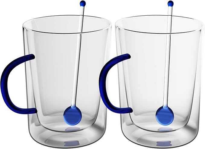 Elle Decor Double Wall Glass Coffee Mugs with Spoons | Set of 2 | Glass Cups with Colored Handles | Clear Coffee Mugs for Latte, Cappuccino, Espresso Coffee, Tea and Hot & Cold Beverages (Blue)