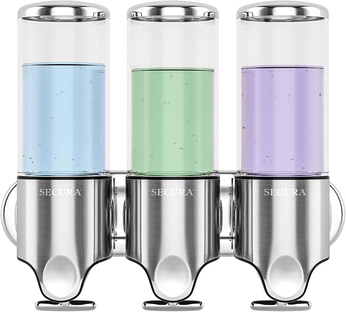 Secura Triple Wall Mounted Soap Dispenser, 3 x 17 fl oz Shampoo and Soap Dispensers Perfect for Home & Kitchen (Stainless Steel)
