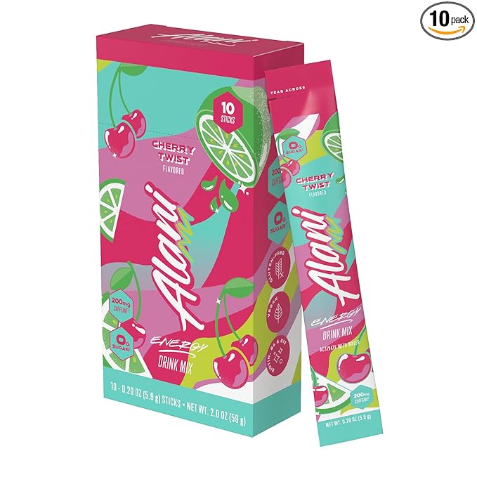 Alani Nu CHERRY TWIST Energy Sticks, Energy Drink Powder, 200mg Caffeine, Pre Workout Performance with Antioxidants, On-The-Go Drink Mix, Biotin, B Vitamins, Zero Sugar, 5-10 Calories, 10 Pack