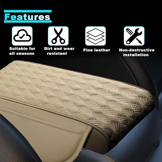 Car Center Console Cover with Storage Pocket, Waterproof Leather Car Armrest Cover Cushion Pad Distributes Elbow Stress, Non-Slip Middle Console Storage Box Covers for Most Vehicles (Beige)