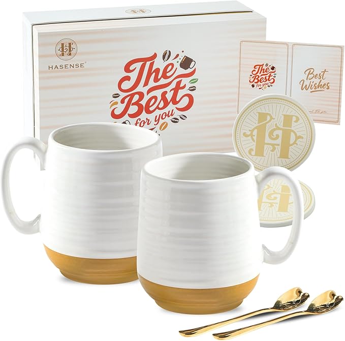 HASENSE Coffee Mugs Gift Set, 20oz Ceramic Mugs Set of 2 with Handle, Glaze Coasters & Spoons in Storage Box,Perfect Valentine‘s Day Gift for Coffee Tea and Cocoa, White