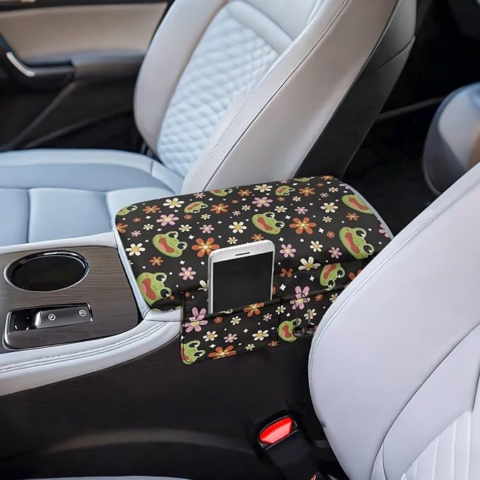 Dreaweet Car Center Console Cover with Pockets Cute Frog Car Accessories for Women Soft Thick Car Arm Rest Cover Pad Universal Armrest Cover for Car Truck SUV Van