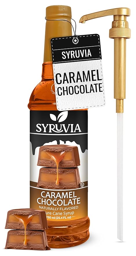 Syruvia Coffee Syrup, Caramel Chocolate Flavored Syrup for Drinks, Lattes and Desserts – 25.4 fl oz, With Pump