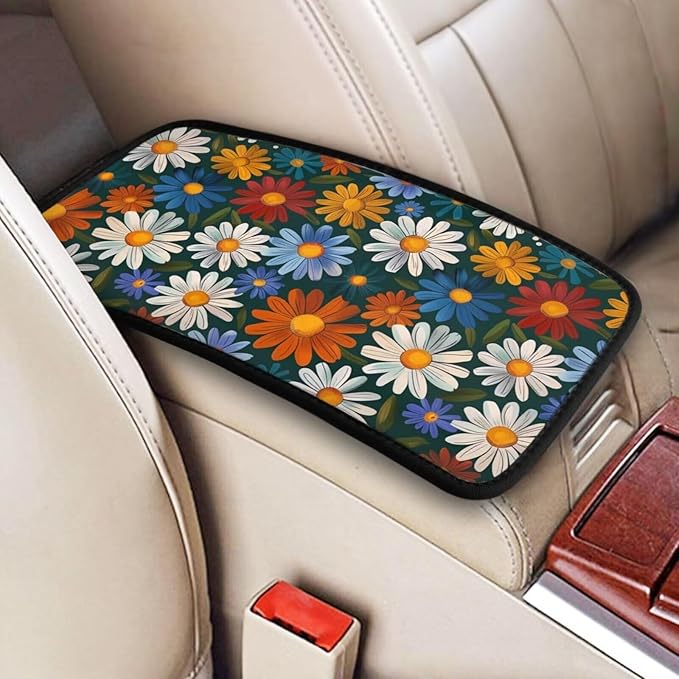 Hippie Floral Car Center Console Armrest Pad Daisy Cute Auto Armrest Seat Box Cover Protector for Vehicle SUV Truck Sedans Universal Car Interior Accessories