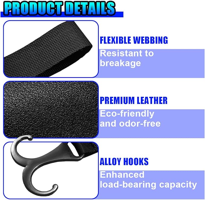 2PCS Car Seat Hooks for Headrest, Leather Car Seat Back Storage Hanger with Double Hooks, Universal Hidden Auto Organization Accessories for Purses, Bags, Umbrellas, Handbags (Black)