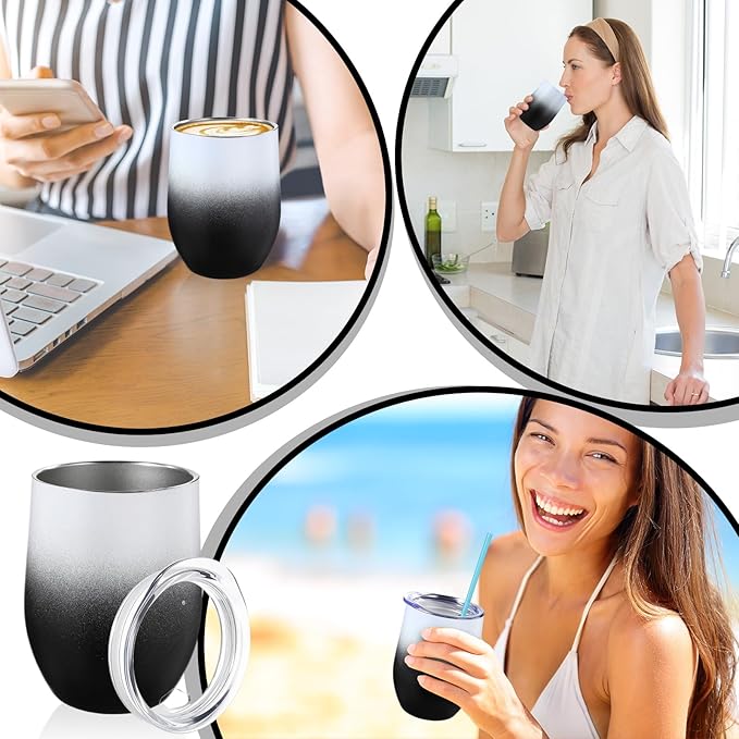 16 Pack Stainless Steel Wine Tumblers 12 oz Insulated Vacuum Wine Cup Set Double Wall Stainless Steel Stemless Mug Glasses for Coffee Soda Whiskey Outdoor Travel (Black and White)