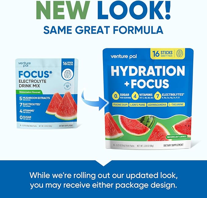 Venture Pal 2-in-1 Hydration Packets + Focus Support Electrolytes Powder, 7 Electrolytes + Vitamins, Magnesium, Lion's Mane & L-Theanine | Sugar Free Liquid Daily IV Drink Mix, Vegan, Keto, 16 Sticks