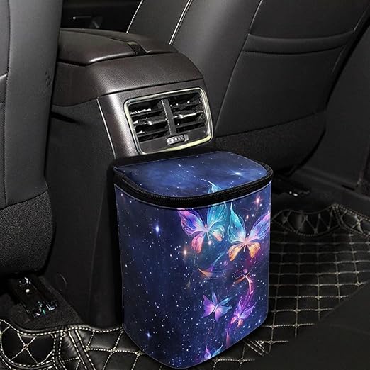 Galaxy Butterfly Car Trash Can with Lid,Butterfly Car Interior Set Zipper Auto Garbage Hanging Leak Proof Vehicle Trash Bin Rubbish Storage Bag for Most Vehicle Back/Front Seat/Console