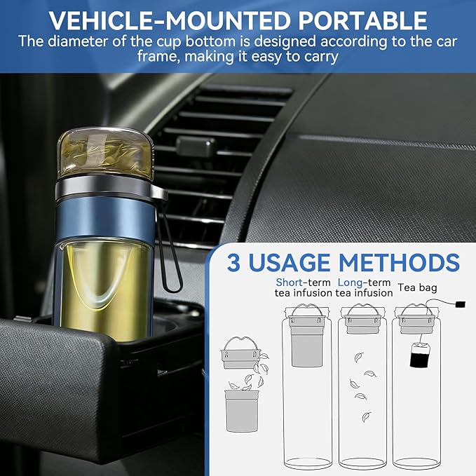 Glass Tea Infuser Bottle, Double Wall Portable Tumbler Mug Travel Tumbler Mug Men Tea Infuser Water Bottle (Blue)