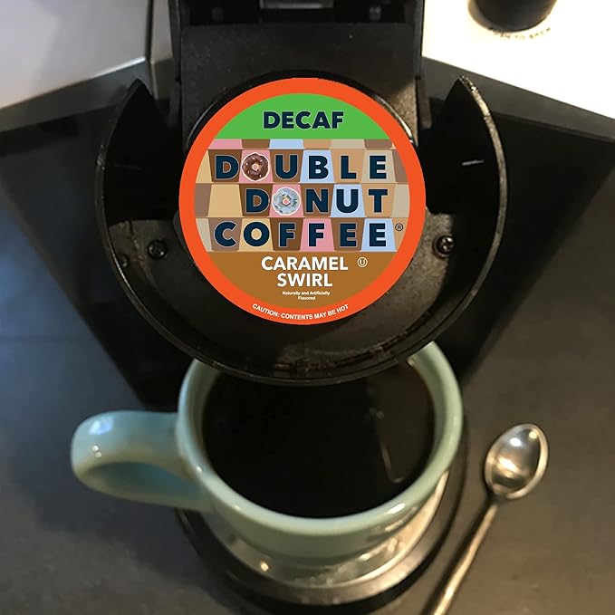 Double Donut Decaf Flavored Coffee, Caramel Swirl, Decaf Caramel Coffee for Keurig K Cups Machines, Single Serve in Recyclable Pods, 96 Count Bulk
