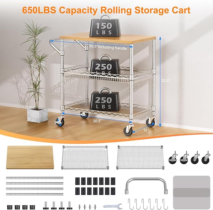 NTE Rolling Kitchen Carts on Wheels, 650Lbs Capacity 3 Tier Utility Cart with Wood Tabletop, Kitchen Storage Cart with 8 Hooks, Metal Serving Cart with Handle and Shelf Liners for Kitchen, Restaurant