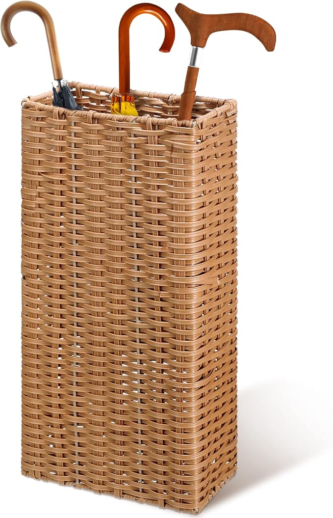 Weysat Woven Umbrella Stand for Entryway Handmade Umbrella Holder Freestanding Cane Stand Natural Color Decorative Umbrella Rack Tall Basket for Laundry Bathroom (Rectangular Style)
