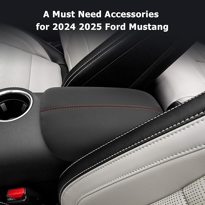 Mustang Center Console Cover Compatible with 2024 2025 Ford Mustang Accessories 2025 Mustang Armrest Cover Center Console Pad Mustang EcoBoost Premium/GT Armrest Console Cover Soft Leather,Red Line
