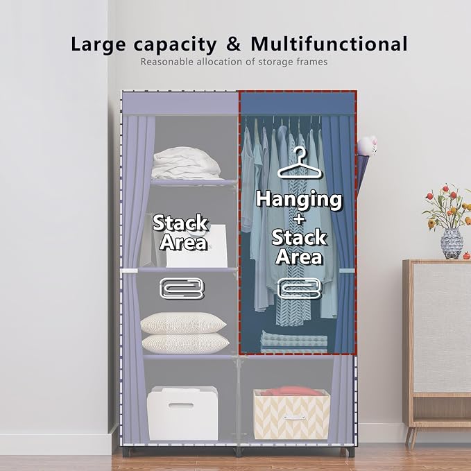 SORCEDAS Portable Closet Wardrobe Organizer Storage with Cover Non-Woben Fabric Portable Wardrobe Closet for Hanging Clothes Racks Shelving 33 Inch for Bedroom, Blue (Blue, 33Inch)