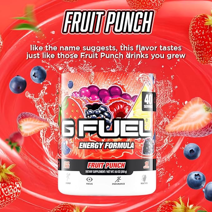 G Fuel Fruit Punch Energy Drink Powder, Pre Workout Caffeine Mix for Gaming, Sugar Free Focus Amino, Vitamin + Antioxidants, 9.9oz (Fruit Punch, 40 Servings)