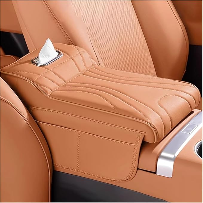 Car Center Console Cover for Honda Pilot 2023 2024 2025, Memory Foam Arm Rest Cushion Pad Waterproof Non-Slip Universal Interior Accessories with Pocket and Tissue Box,Brown