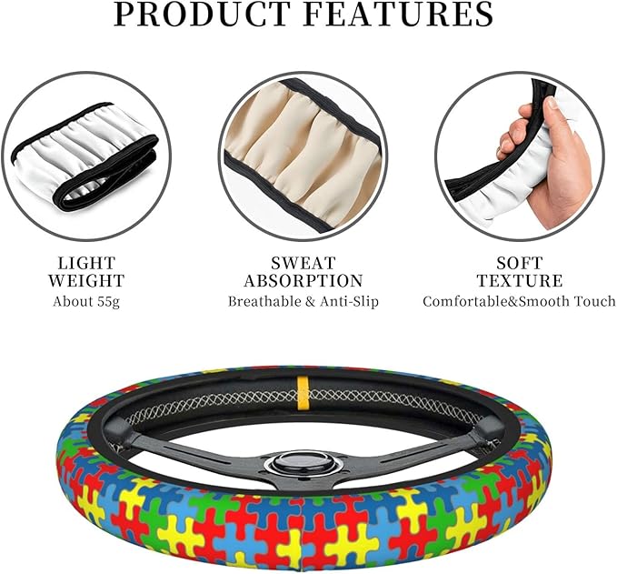 Autism Awareness Pattern Steering Wheel Cover Neoprene Universal 15 Inches Car Steering Wheel Protector for Women Men
