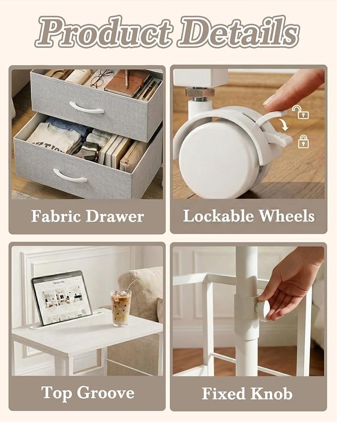 Faesun Swivel Lift Top Nightstand with Charging Station, Rolling Side Table for Recliner, Bedside Table with Wheels & 2 Fabric Drawers, for Small Spaces, for Bedroom, Living Room, White Gray