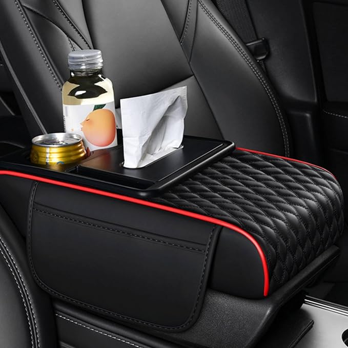Car Center Console Armrest Pad, Arm Rest Box Cushion with Ergonomic Height Boost, Storage Pockets, Built-in Tissue Box, Cupholder, Fit for Most Sedan Vehicles (Embroidery Water Ripple, Black-Red)