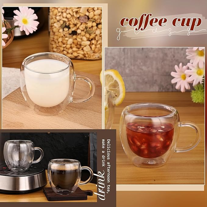 2.5oz Espresso Cups Set of 4, Small Expresso Coffee Cup, Expresso Shot Glass with Handle, Double Wall Insulated Espresso Mugs,Tazas de Cafe Expreso, Fit for Espresso Machine Accessories, Clear
