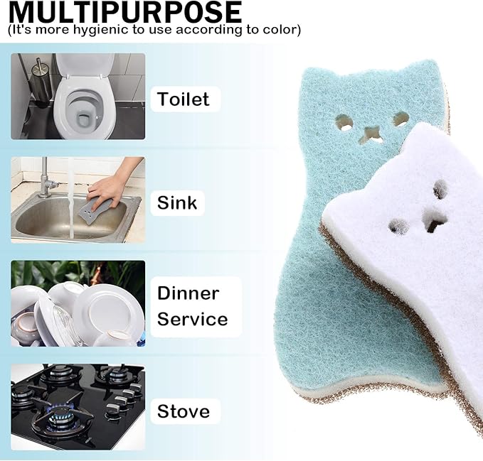 8 Pieces Cat Shape Kitchen Sponge Set Sink Double-Sided Cleaning Dish Sponge for Kitchen, Fruit, Plate, Bathroom, 4 Colors