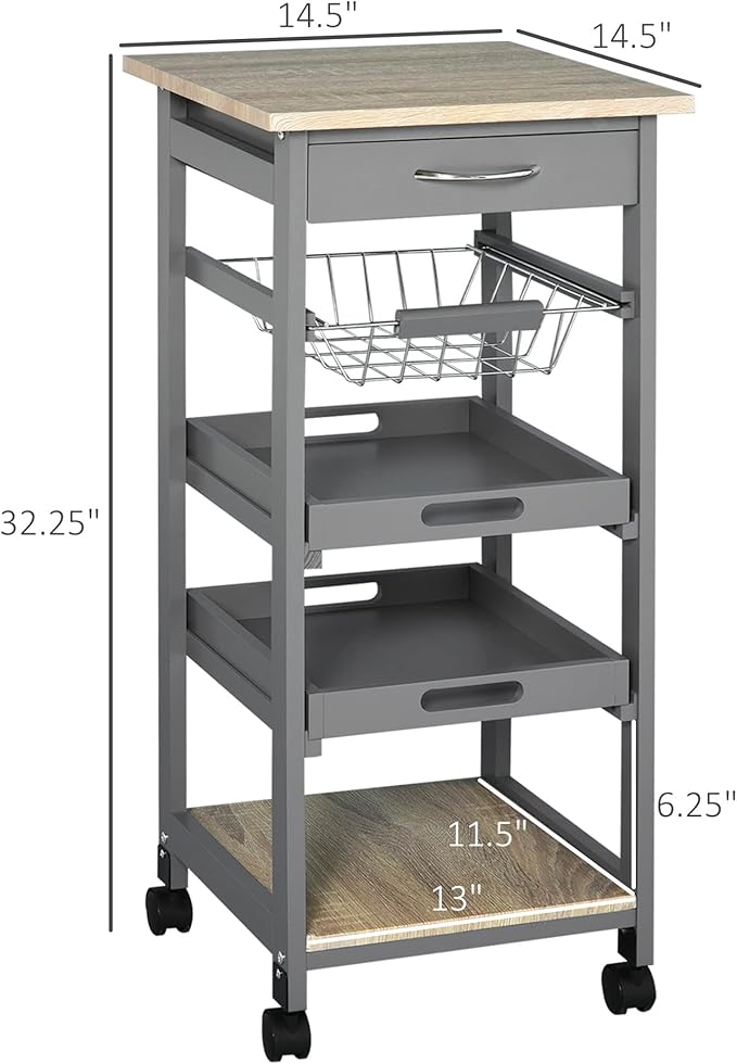 HOMCOM Mobile Kitchen Cart, Rolling Kitchen Island with Storage, Solid Wood Frame Utility Cart with Wire Fruit Baskets, Trays and Drawer, Gray