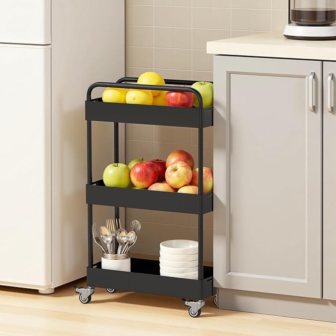 HOTEAGLE 3-Tier Rolling Cart Metal Expandable Utility Carts with Wheels, Ideal Storage Organizer for Livingroom, Bedroom, Kitchen and Bathroom, Black
