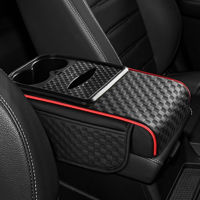 Hovom Car Center Console Armrest Pillow, 13.78"×7.48"×2.76" Leather Arm Rest Cover for Cars, Multifunctional Auto Armrest Cushion Pad with Pocket, Tissue Box & Cup Holder, Car Accessories (Black+Red)