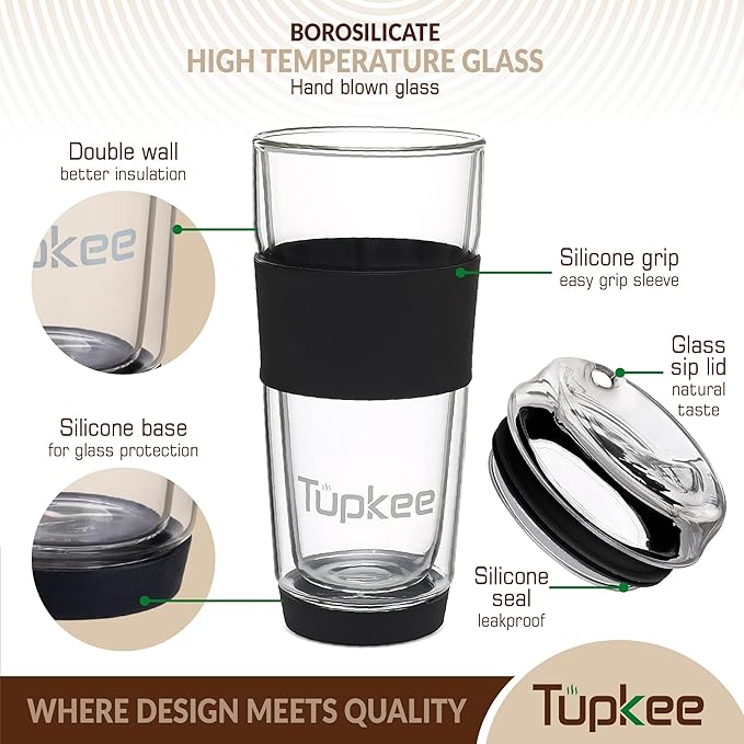 Tupkee Double Wall All Glass Tumbler - 14-Ounce, Reusable Insulated Tea/Coffee Mug & Lid, Hand Blown Glass Travel Mug - Black - 2 Pack