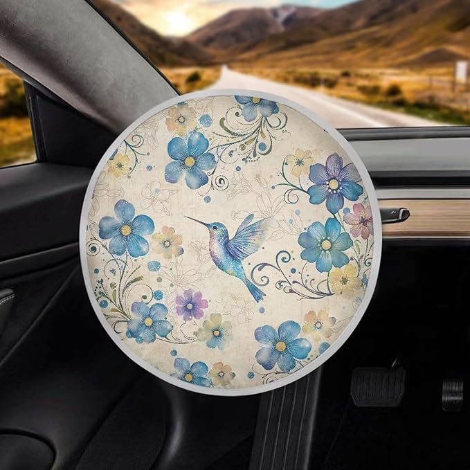 Hummingbird Peach Blossom Blue Pattern Steering Wheel Sunshade Cover Steering Wheel Cover for Sun Protection Steering Wheel Sunblock Cover Interior Accessories for SUV Truck Car Van