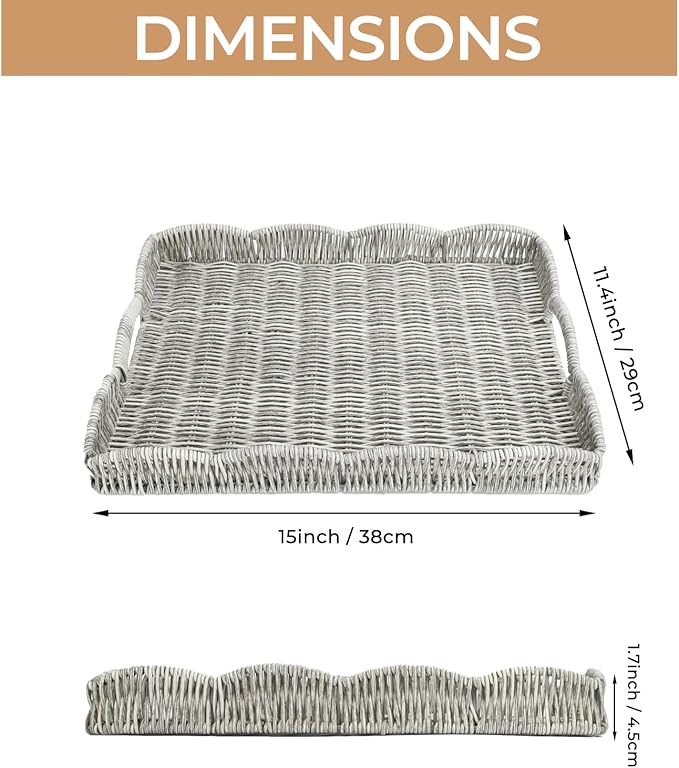 Rectangle Wicker Scalloped Tray, Hand Woven Synthetic Rattan Serving Tray with Handles, Coffee Table Decorative Tray Basket for Modern Boho Rustic Home Ornament or Organizing (Grey)