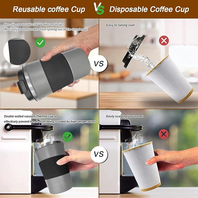 YINBAOGE Insulated Travel Coffee Mug, Spill & Leak Proof, Portable To Go Camping Stainless Steel Coffee Tumbler, Reusable Thermal Coffee Cup with Lid for Hot & Cold Drinks (Grey, 12 OZ)