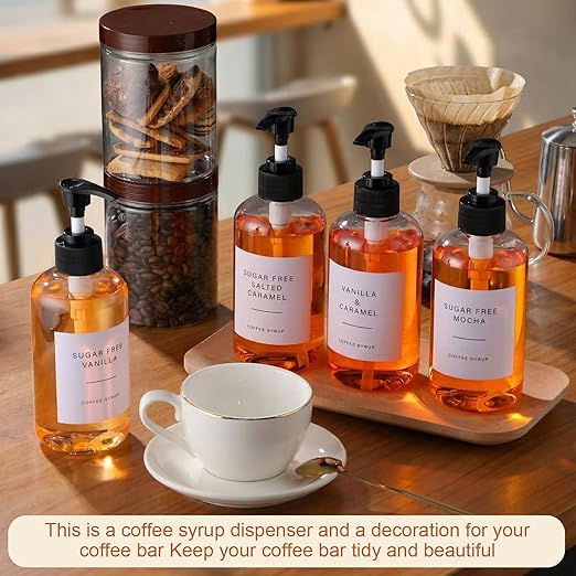 9 Pcs Coffee Syrup Dispenser Set 10 oz Plastic Coffee Syrup Dispenser Pump Bottle 16.9 oz Pet Jar with Lids Gold Spoon and Labels for Home Bar Organization