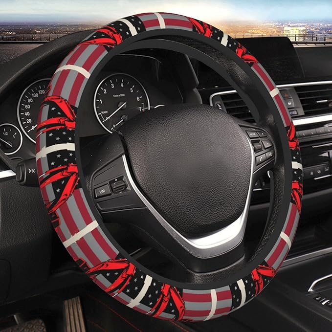 Red Line Flag Excavator Neoprene Steering Wheel Covers Women Men Car Accessories, Universal 15 Inch Fit Auto, Suvs, Truck