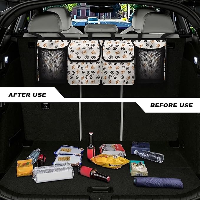 Dog Paw Car Trunk Organizer Backseat Cargo Storage Bag with Elastic Net Collapsible Pouch Backseat Storage Organizer Bag SUV, Truck, MPV Car Accessories