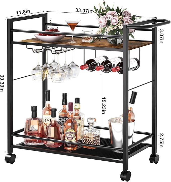 Bar Cart,Home Bar Serving Cart with Storage Shelves, 2 Tier Rolling Beverage Cart with Wheels, Modern Retro Brown Wine Cart with Wine Rack and Glass Holder for Kitchen, Dinning Room,Living Room