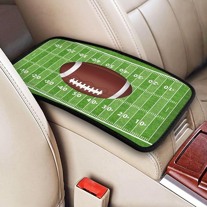 American Football Center Console Cover Pad, Rugby Field Car Armrest Seat Box Cover Cushion Universal for Most Vehicle SUV Truck, Car Interior Accessories Decor, Protect from Pet Claws & Dirt