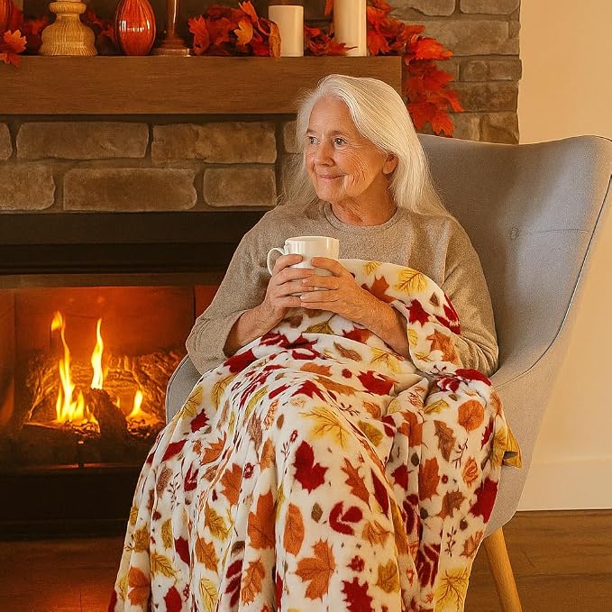 Fall Decor Throw Blanket: Soft Warm Autumn Leaves and Berries in Red Yellow Brown Beige Colors for Living Room Couch Bed Chair Dorm, Oversized 50" x 70" inches