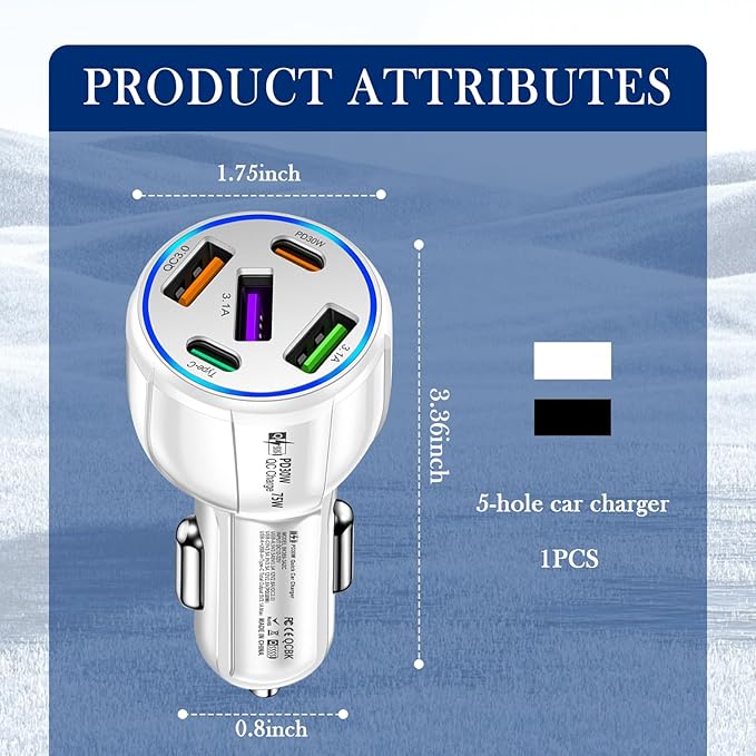 5 Port Fast Car Charger Adapter,12-24V Car Charger USB C & 30W QC3.0/3.1A Port with Reinforced Contacts & Lighting,75W Vehicle Accessories Cigarette Lighter USB Chargers (White)