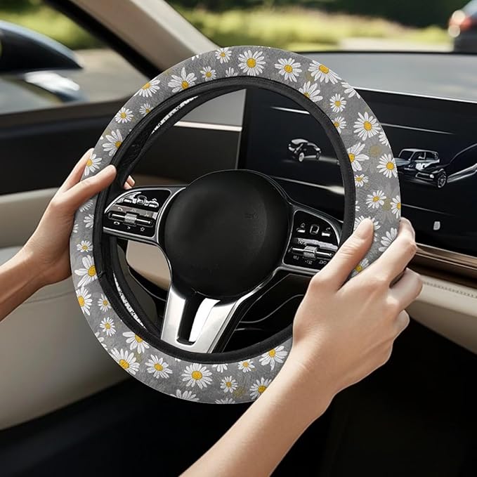 SEANATIVE White Daisy Car Steering Wheel Cover Universal Car Accessory for Diverse Cars Neoprene Dust Cover for Steering Wheel