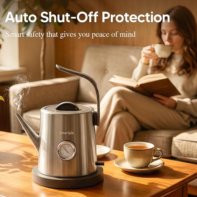 Smartyle® Electric Tea Kettle with Thermometer,1.0L Gooseneck Electric Kettle,304 Stainless Steel,Auto Shut-Off,1200W Pour Over Coffee Pot for Brewing Coffee & Tea at Home,Office,or Café (Chrome)