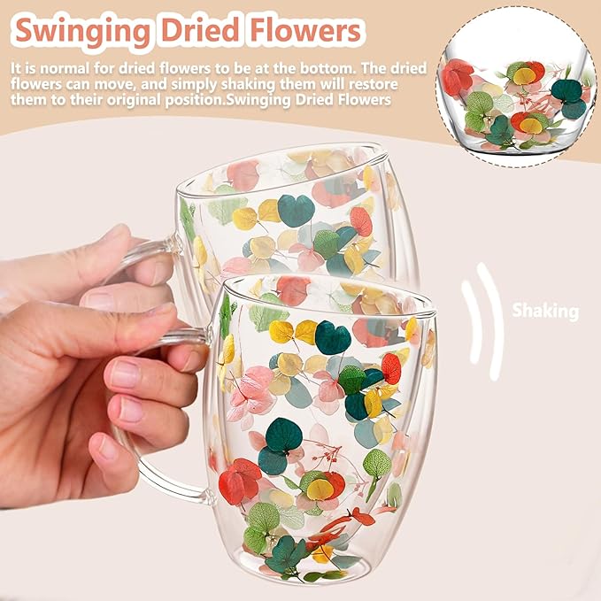 Gifts for Women Dried Flowers Double Wall Glass Coffee Mugs Cute Glass Tea Cups with Handles Christmas Birthday Gift for Best Friend Teacher Mum Gifts New Home Gift Ideas Autumn Mug Home Decor
