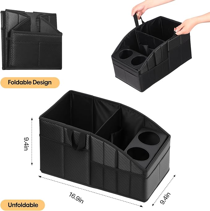 Car Seat Organizer,Premium PU Leather Backseat Car Organizer Keep Tidy,Car Storage with 11 Storage Compartments and 2 Large Size Cup Holders,Passenger Seat Organizer for kids (Carbon fiber texture)