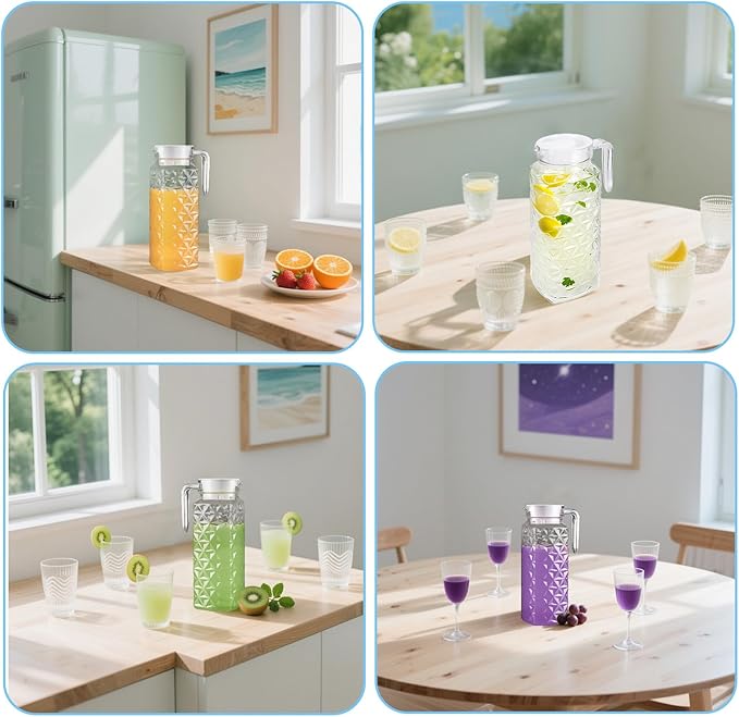 2 Pack 1.1L Plastic Jugs with Lid and Handle, Acrylic Juice Jug, Transparent Fridge Water Pitcher, Unbreakable, Easy to Clearn Water Jug for Iced Tea, Lemonade, Cold or Hot