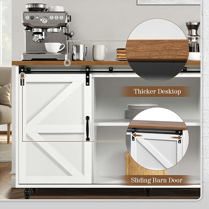 4ever2buy Farmhouse Coffee Bar Cabinet with Storage, 58'' Sideboard Buffet Cabinet with Sliding Barn Door, White Coffee Bar with Gourd Feet, Farmhouse Cabinet for Living Room