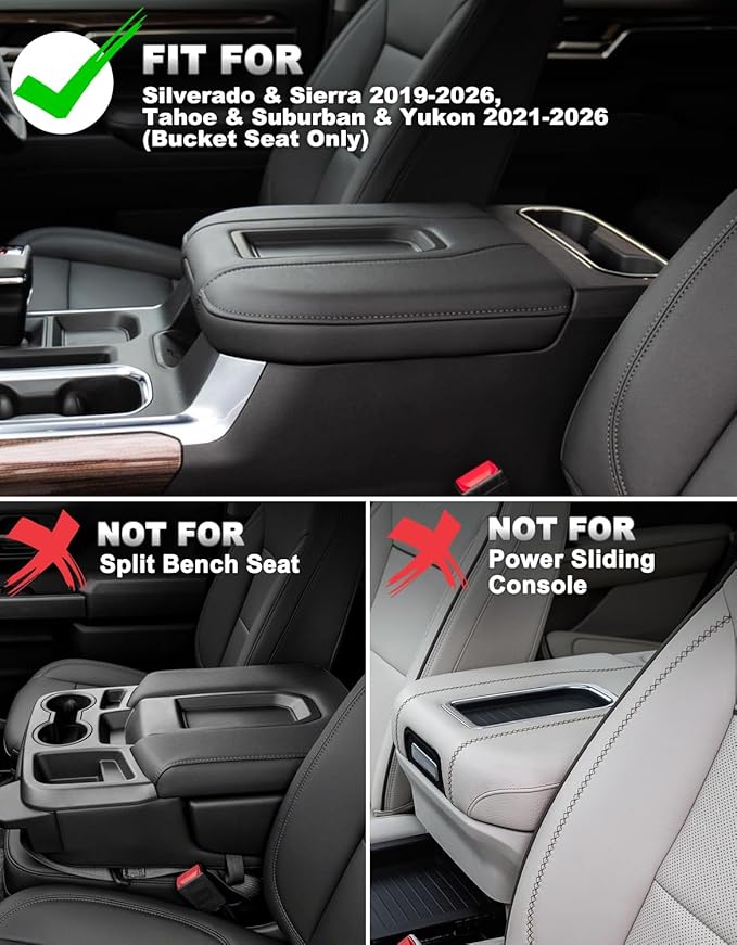 Center Console Cover for Chevy Silverado 1500 Accessories & GMC Sierra 2019-2026, Yukon & Tahoe & Suburban 2021-2026, Bucket Seat Only, Vinyl Armrest Middle Console Cover, Black-Gray Stitch