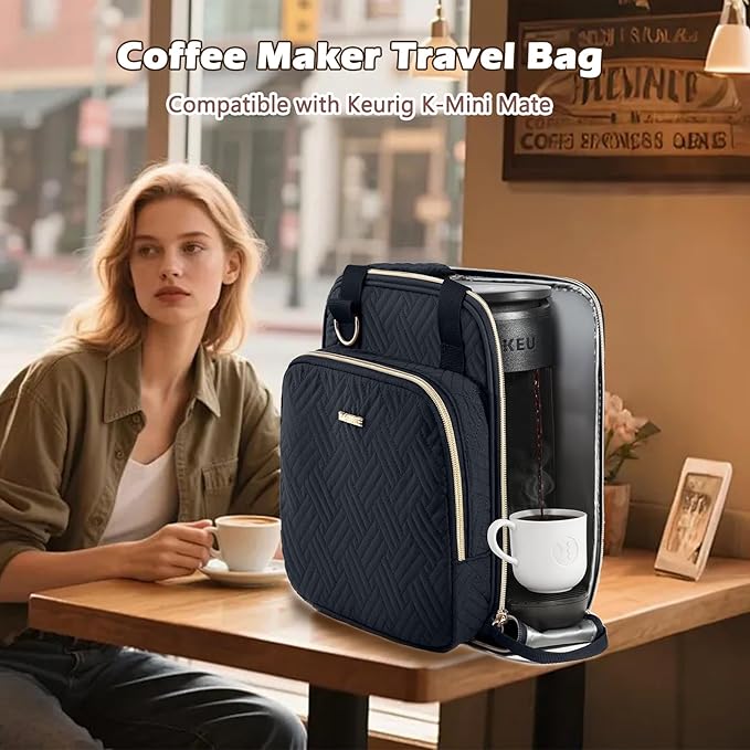 BAGSPRITE Coffee Maker Travel Bag Compatible with Keurig K-Mini Mate, Full Open Carrying Case with Quilted Padded Soft Microfiber, K--Cup Single Serve Coffee Maker Bag with Pod Organizer, Mug Pockets