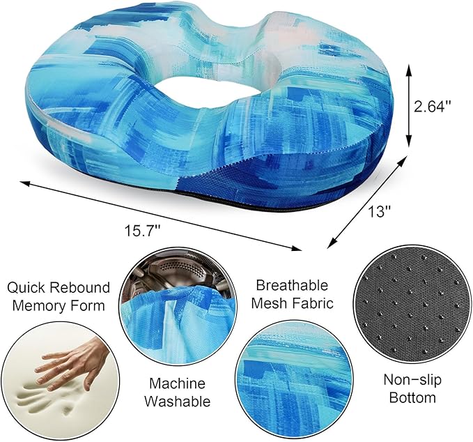 Donut Pillow for Hemorrhoids Seat Cushion for Tailbone Pain Relief - Blue Home Office Chair Cushion for Long Sitting Work - Memory Foam Car Seat Cushions for Driving Butt Pain Pressure